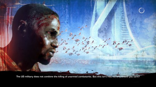 Loading screen from 'Spec Ops: The Line'. A line of text reads: 'The US military does not condone the killing of unarmed combatants. But this isn't real, so why should you care?'