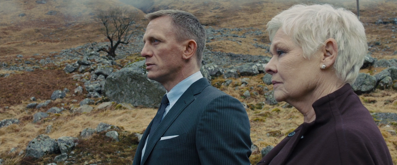 A screenshot from the movie 'Skyfall'. The characters of 'James Bond' and 'M' looks look to the left of the frame.