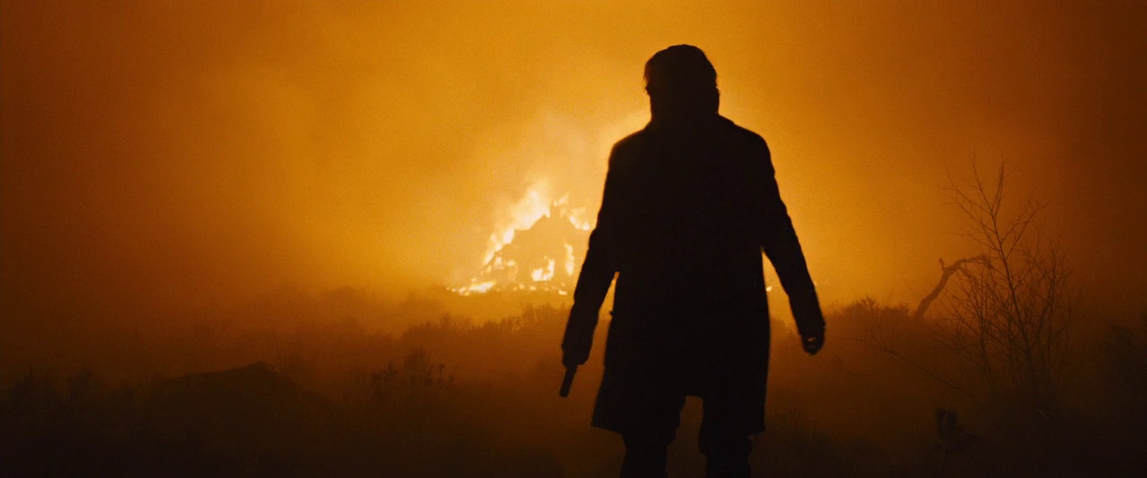 A screenshot from the movie 'Skyfall'. The main villain of the film stands in a misty field, backlit by a burning building.