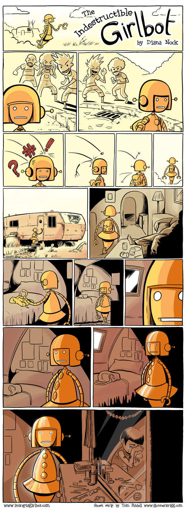 A comic showing people teasing and throwing rocks at a robot. The robot does not respond. In the final frame you can see the robot's reflection in the mirror, showing that it's actually a crying child.